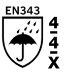 DIN EN 343-4-4-X Vêtements de protection - Protection contre la pluie: Perméabilité à l'eau classe 4, résistance à la vapeur d'eau classe 4, Rain Tower test: X