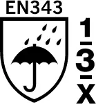 DIN EN 343-1-3-X Schutzkleidung – Schutz gegen Regen: Wasserdurchlässigkeit Klasse 1, Wasserdampfbeständigkeit Klasse 3, Rain Tower test: X