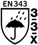 DIN EN 343-3-3-X Schutzkleidung - Schutz gegen Regen: Wasserdurchlässigkeit Klasse 3, Wasserdampfbeständigkeit Klasse 3, Rain Tower test: X