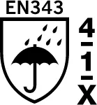 EN 343-4-1-X Schutzkleidung - Schutz gegen Regen: Wasserdurchlässigkeit Klasse 4, Wasserdampfbeständigkeit Klasse 1, Rain Tower test: X