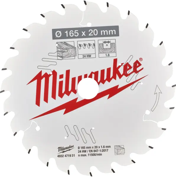 Kreissägeblätter MILWAUKEE Ø165x20x1.6 mm / Z 24 4932471931