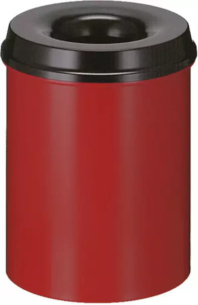 Papierkorb,selbstlöschend,15l, HxØ 360x260mm,Kopfteil sch- warz,Korpus Stahl rot