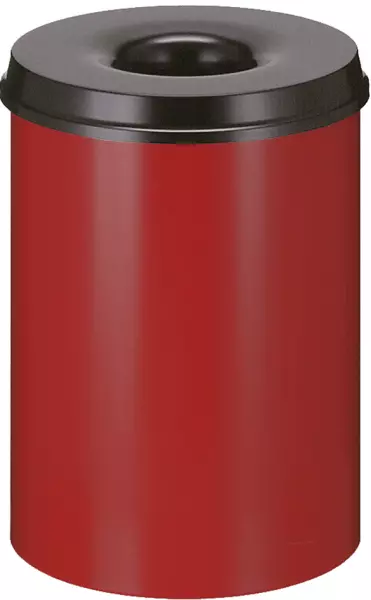 Papierkorb,selbstlöschend,30l, HxØ 470x335mm,Kopfteil sch- warz,Korpus Stahl rot