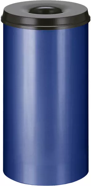 Papierkorb,selbstlöschend,50l, HxØ 630x335mm,Kopfteil sch- warz,Korpus Stahl blau