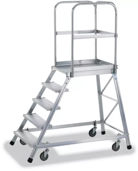 Fahrbare Podesttreppe,Podest H 1,2m,5 Stufe(n),60° Neigung, Alu,Rollen/Füße