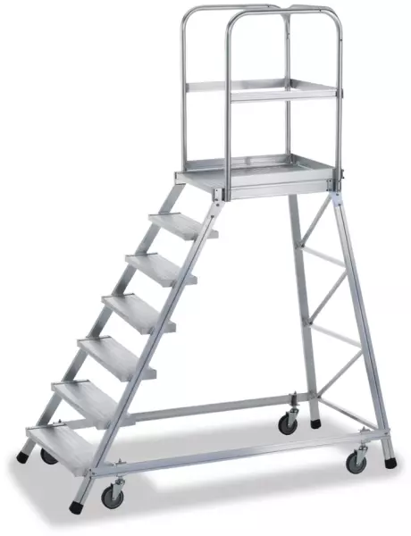 Fahrbare Podesttreppe,Podest H 1,68m,7 Stufe(n),60° Neigung, Alu,Rollen/Füße