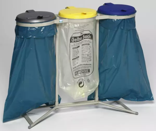 Müllsackständer,3x120l,HxBxT 950x1175x440mm,Deckel Kunststoff gelb/blau/silber