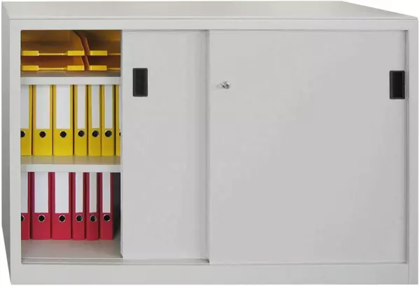 Schiebetürenschrank,HxBxT 1000x1500x500mm,2x2 Stahlbo- den,RAL7035,Front RAL7035