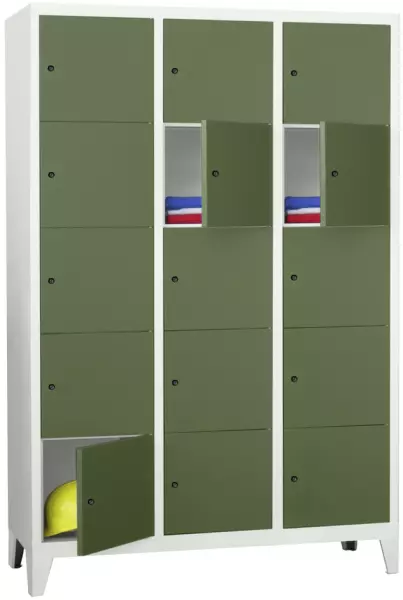 armoire multicases,HxlxP 1850x 1230x500mm,3x5compartiments, RAL7035,façade RAL6011
