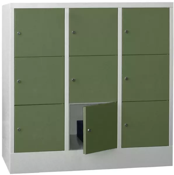 Schließfachschrank,HxBxT 1187x 1230x500mm,3x3 Fächer,RAL7035, Front RAL6011