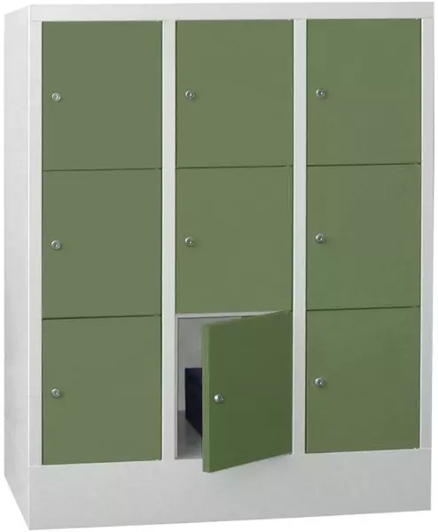 Schließfachschrank,HxBxT 1187x 930x500mm,3x3 Fächer,RAL7035, Front RAL6011