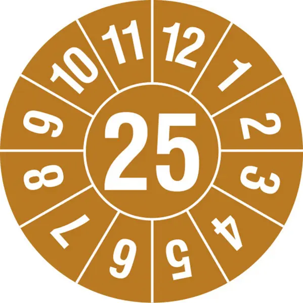 Prüfplakette,Monat (Typ 2), Aufkleber,Ø 20mm,Jahresfarbe, Jahresfarbe 2025-gold