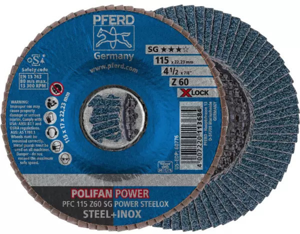 Fächerschleifscheiben PFERD Polifan Power PFC SG Steelox Ø 115/22.23 mm / Körnung 60