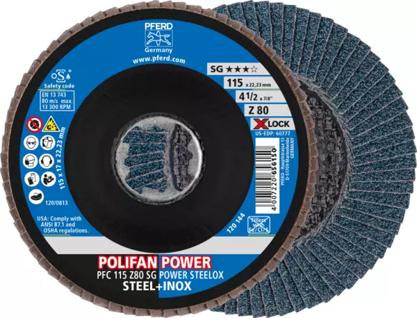 Fächerschleifscheiben PFERD Polifan Power PFC SG Steelox Ø 115/22.23 mm / Körnung 80