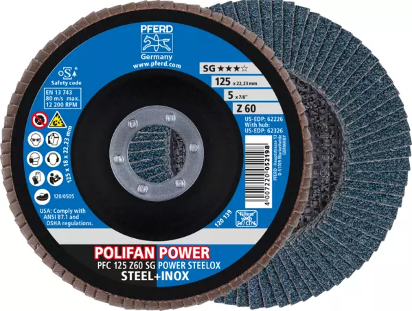 Fächerschleifscheiben PFERD Polifan Power PFC SG Steelox Ø 125 mm, Z 60